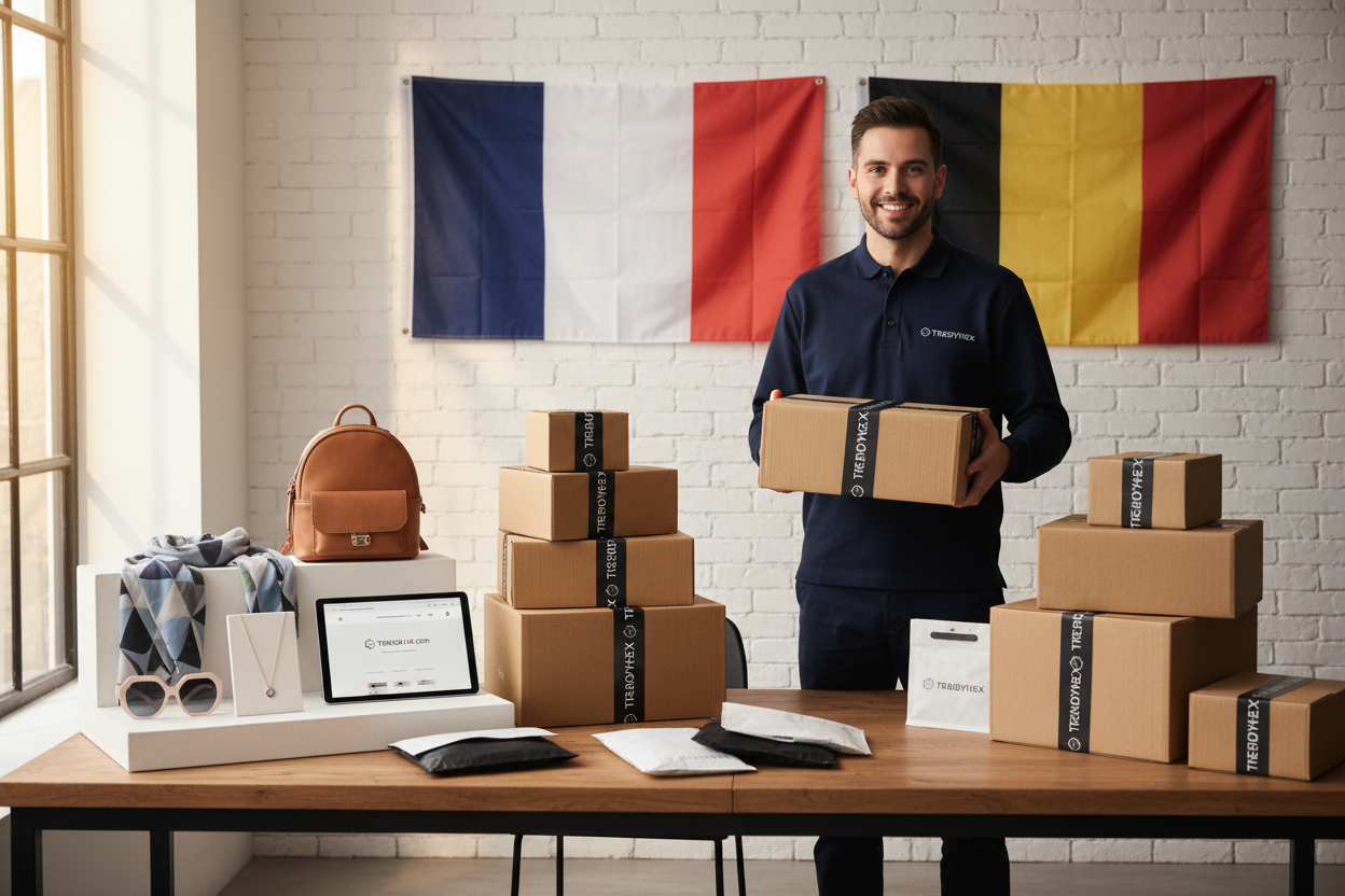 image of trendyhex online store with packages, courier and products with inside the image a flag of france and belgium ( where we ship)
